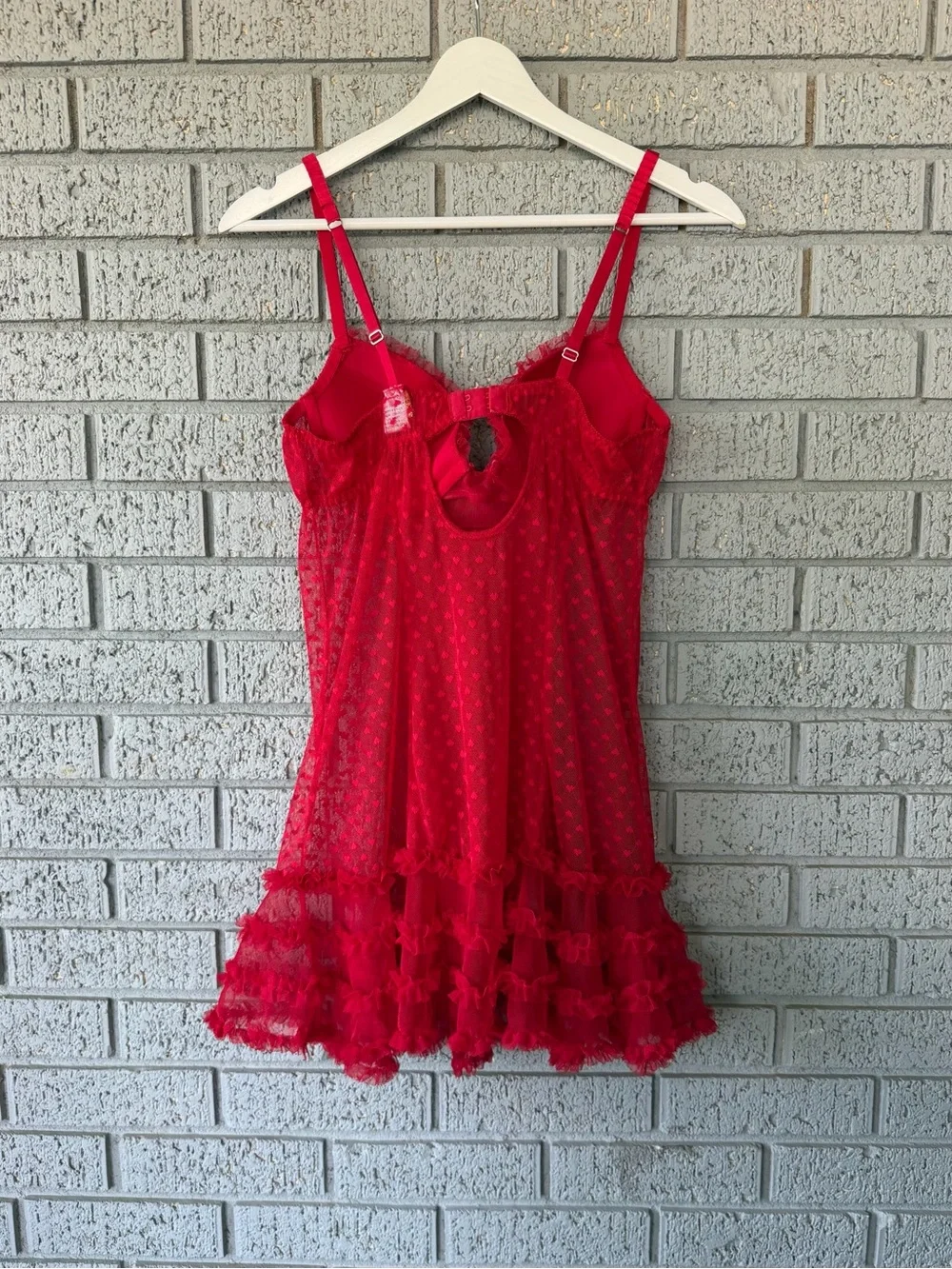 Vintage Sheer Ruffle Mesh Babydoll Slip Dress Chemise Red Size Medium